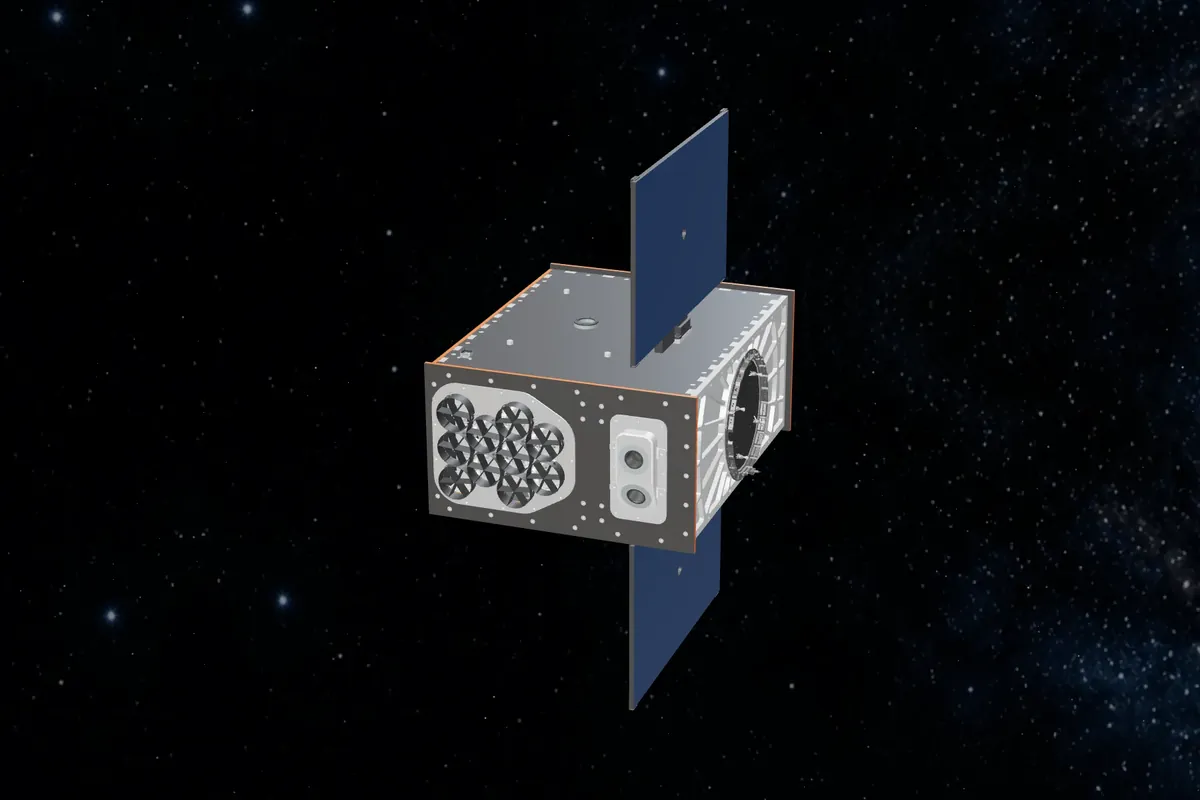 Rendering of the NEBULA Xplorer satellite: a box-shaped spacecraft with two deployed solar panels.